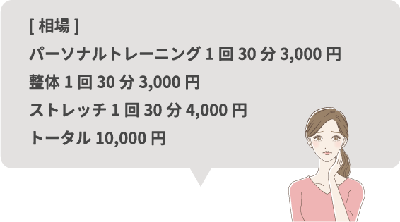 [相場]パーソナルトレーニング1回30分3,000円・整体1回30分3,000円・ストレッチ1回30分4,000円・トータル10,000円